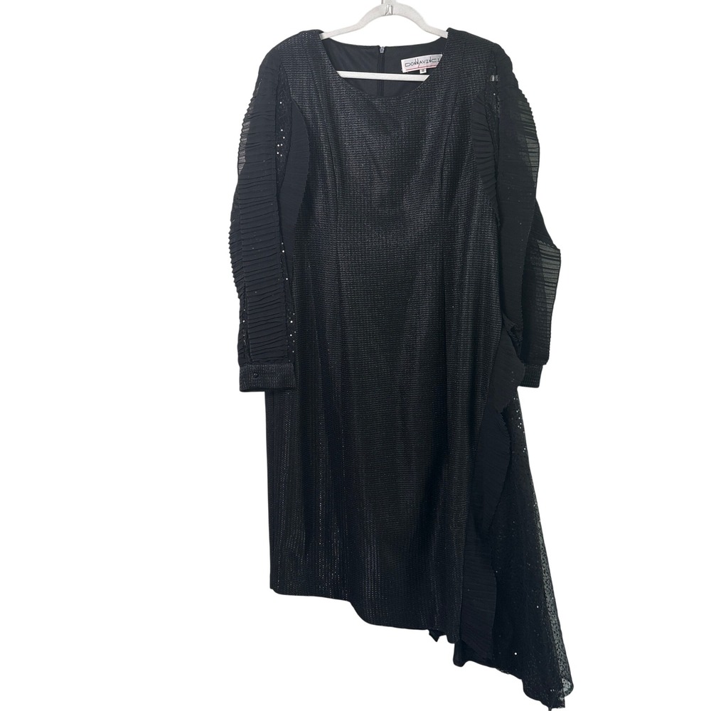 Donna Vinci Asymmetric Cocktail Dress Womens 16 Black Sequin Pleated Ruffle Hem